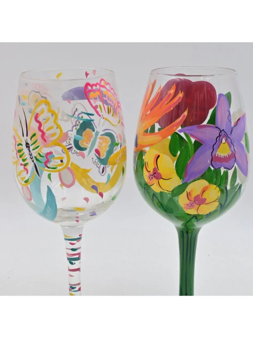 Lolita Hand Painted Wine Glasses Floral & Butterfly Designs 2 Piece Set